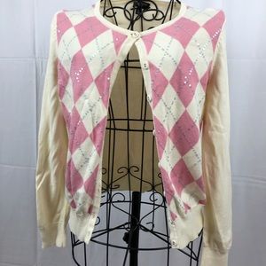 Talbots cardigan SP argyle pink/ivory sequin